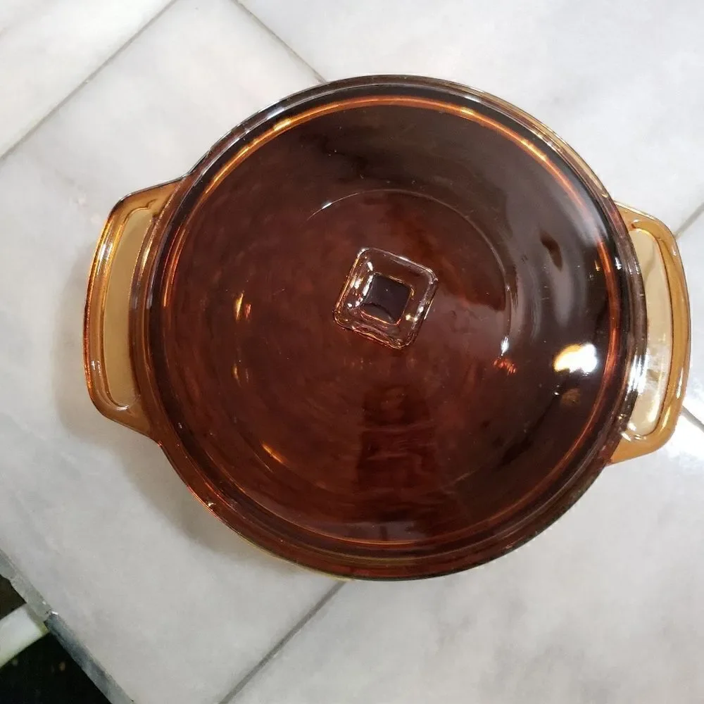 Vintage Anchor Ovenware Amber Brown Casserole Dish w/Lid & Basket 1.5 Qt